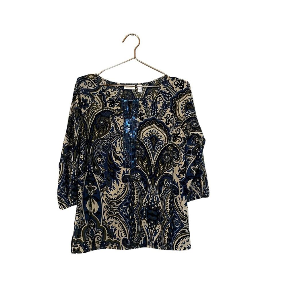 Chico’s size 1 medium Women Pullover sequins Paisley Top blouse